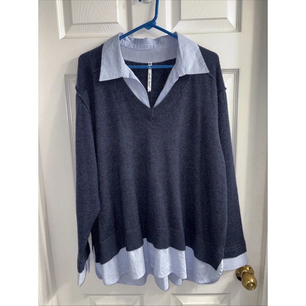 Leo & Nicole 3X Navy Blue Layer Look Blue White Stripe Cuffs Bottom Cotton
